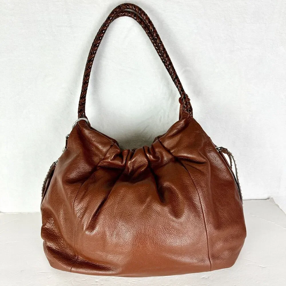 Brighton Femme Fatal Gretta Garbo Studded Shoulder Bag Hobo Brown Tassel Leather